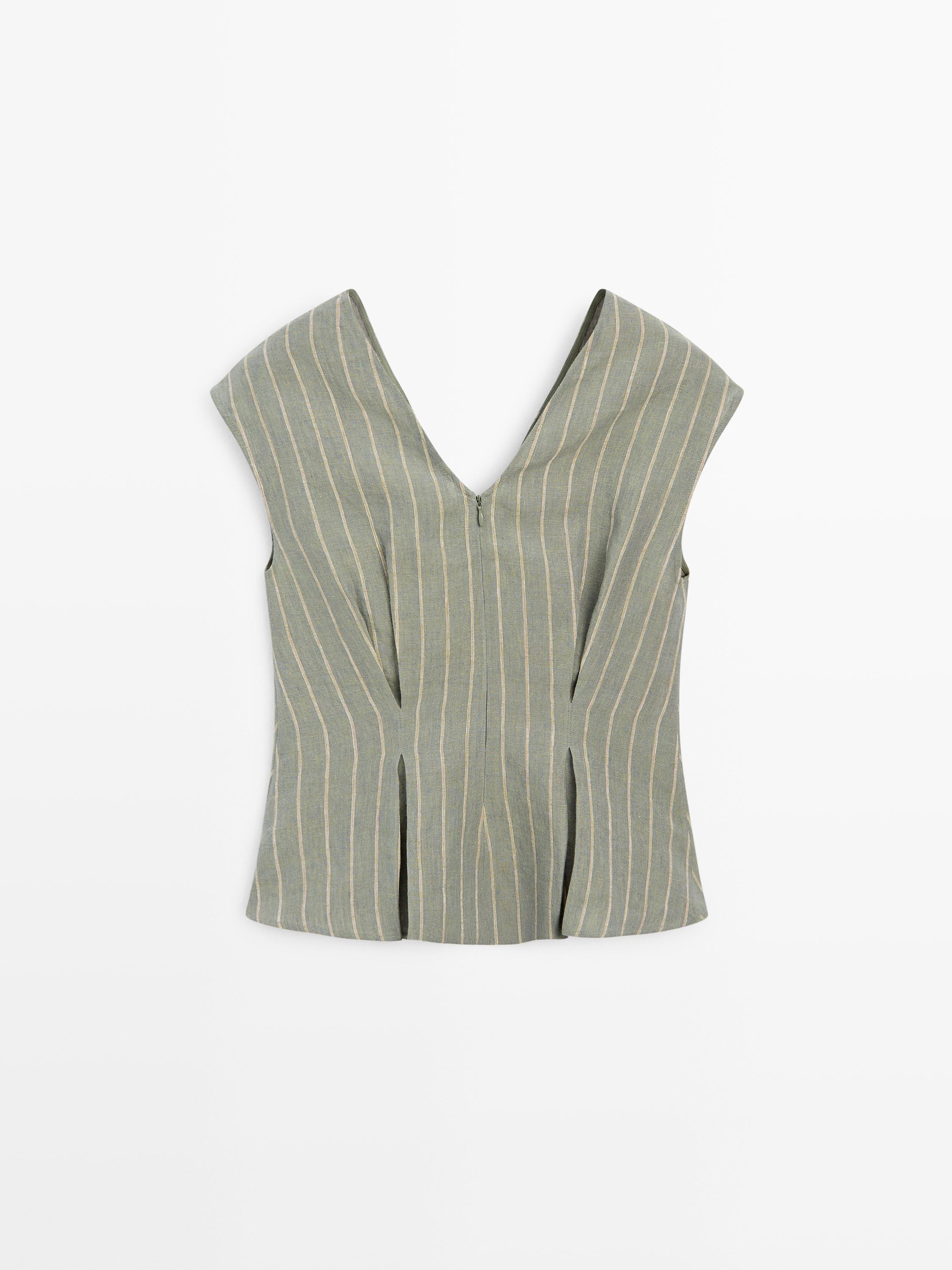 100% linen striped top with pleated details